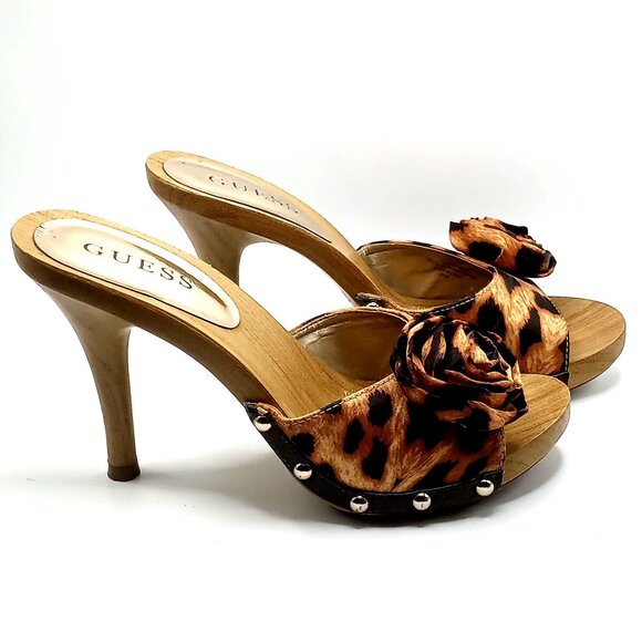 Women 6.5M Guess Leopard Animal Print Wooden Wedge Clog Platform Heels Sandals - Picture 2 of 12